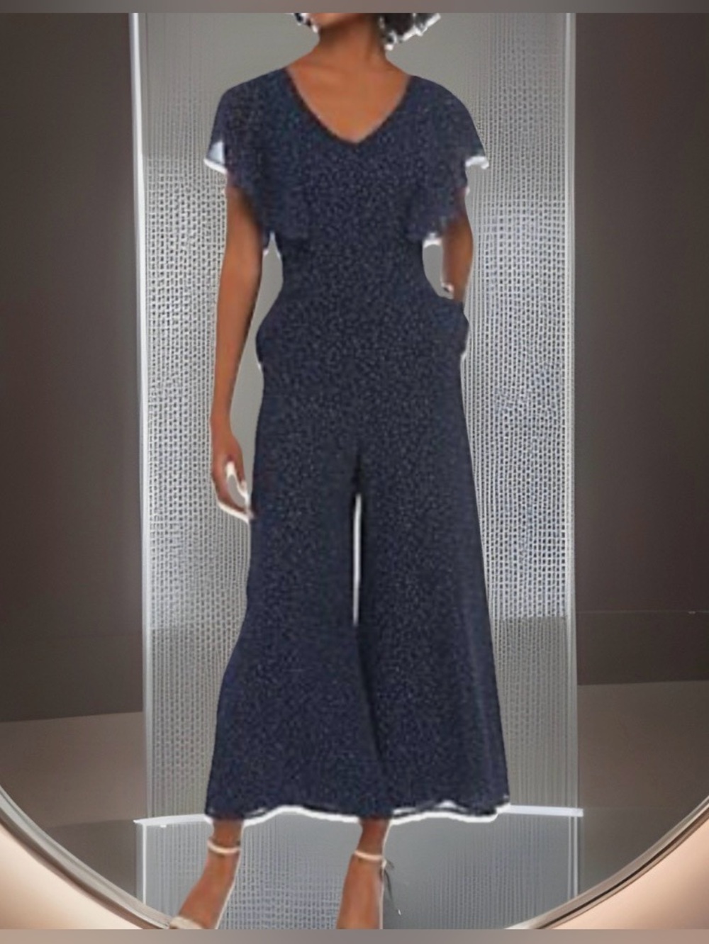 Charles Henry Navy Blue Polka Dots Lined Jumpsuit w/Flutter Short Sleeves-S-EC